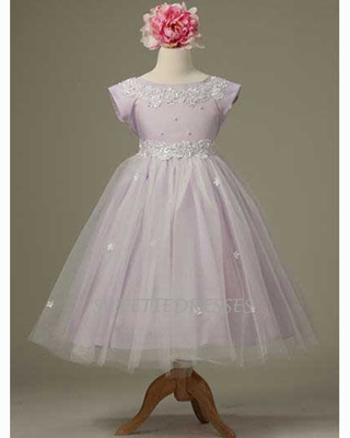 Pearl Decorated Satin Top W/Tulle Skirt Flower Girl Dress