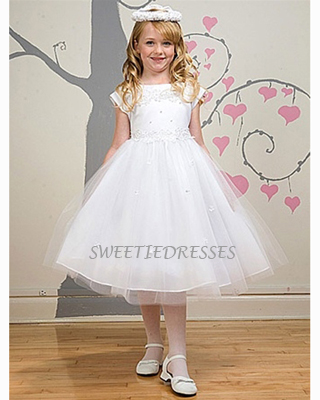 Pearl Decorated Satin Top W/Tulle Skirt Flower Girl Dress