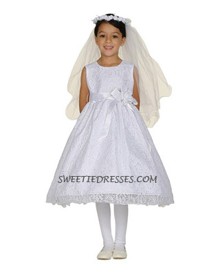 White elegant satin girl dress with ribbon