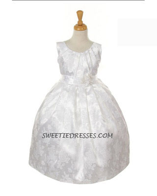White Satin Jacquard Pleated Girl Dress