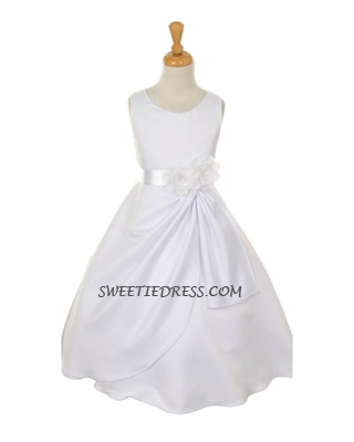 White satin elegant dress with removable tape with flower