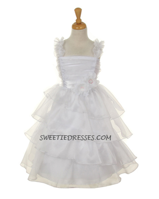 White organza elegant slanted layered ruffled girl dress