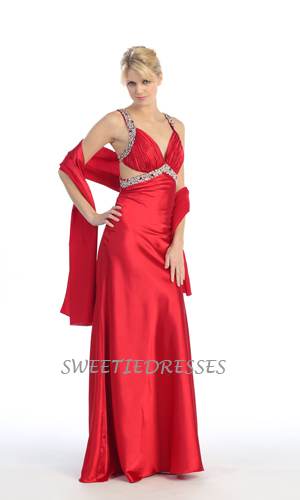 Sexy open back beeded satin long prom dress