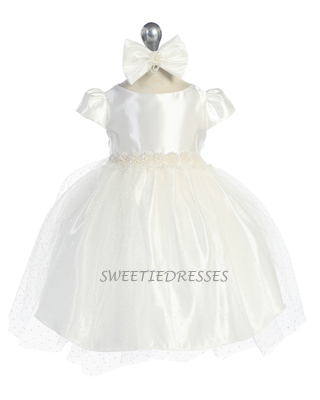White Pearl Beaded Double Layered Baby Dress